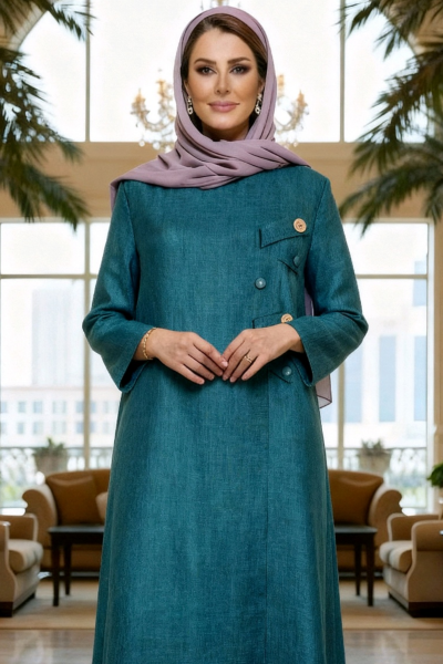 عباية لينين صناعي ناعم لون أخضر تيل 01088