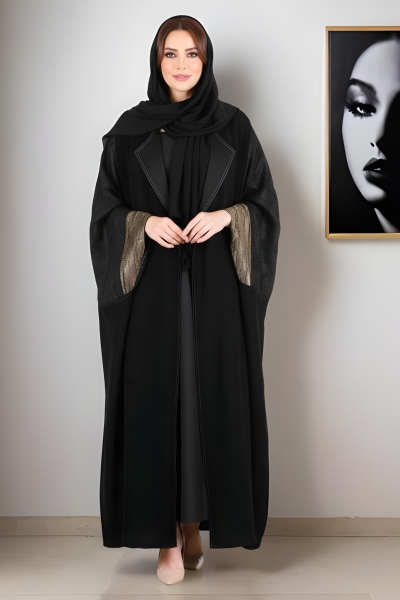 عباية 01058 عباية راقية من الكريب الأسود مع أورجانزا عباية 01058 عباية راقية من الكريب الأسود مع أورجانزا