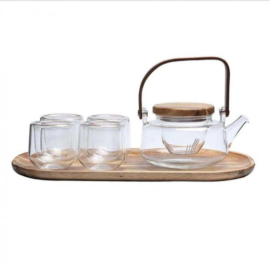 طقم إبريق شاي فاخر زجاج مزدوج غطاء خشب - MG077 طقم إبريق شاي فاخر زجاج مزدوج غطاء خشب - MG077
