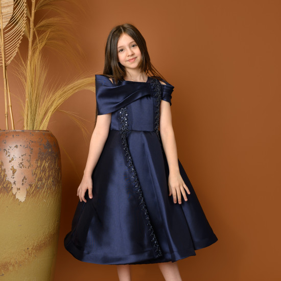 فستان بناتي سهرة بتصميم كتف مكشوف وتطريز فاخر - 816