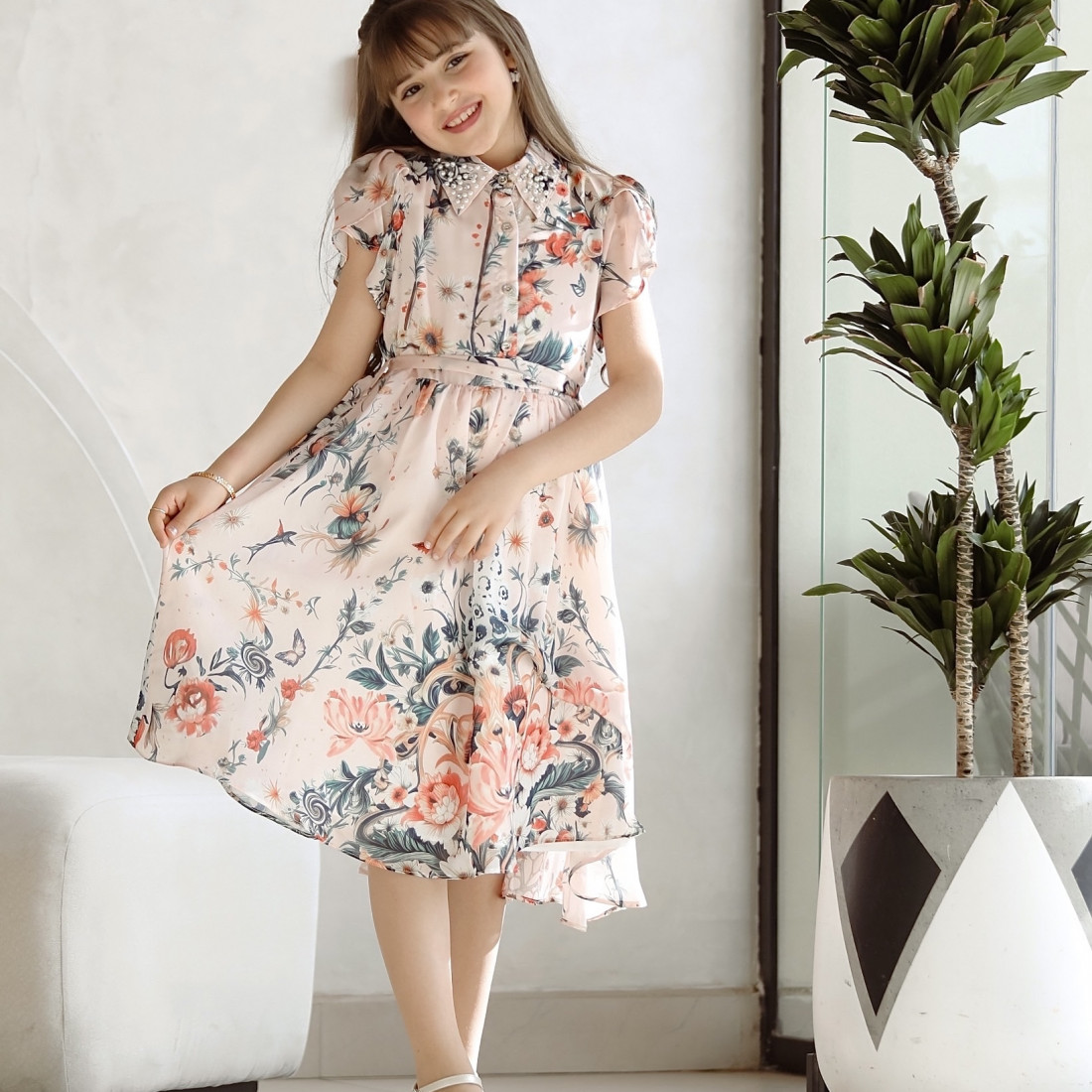 فستان بناتي بلمسات ساحرة مع ازرار وحزام - Mk2501007