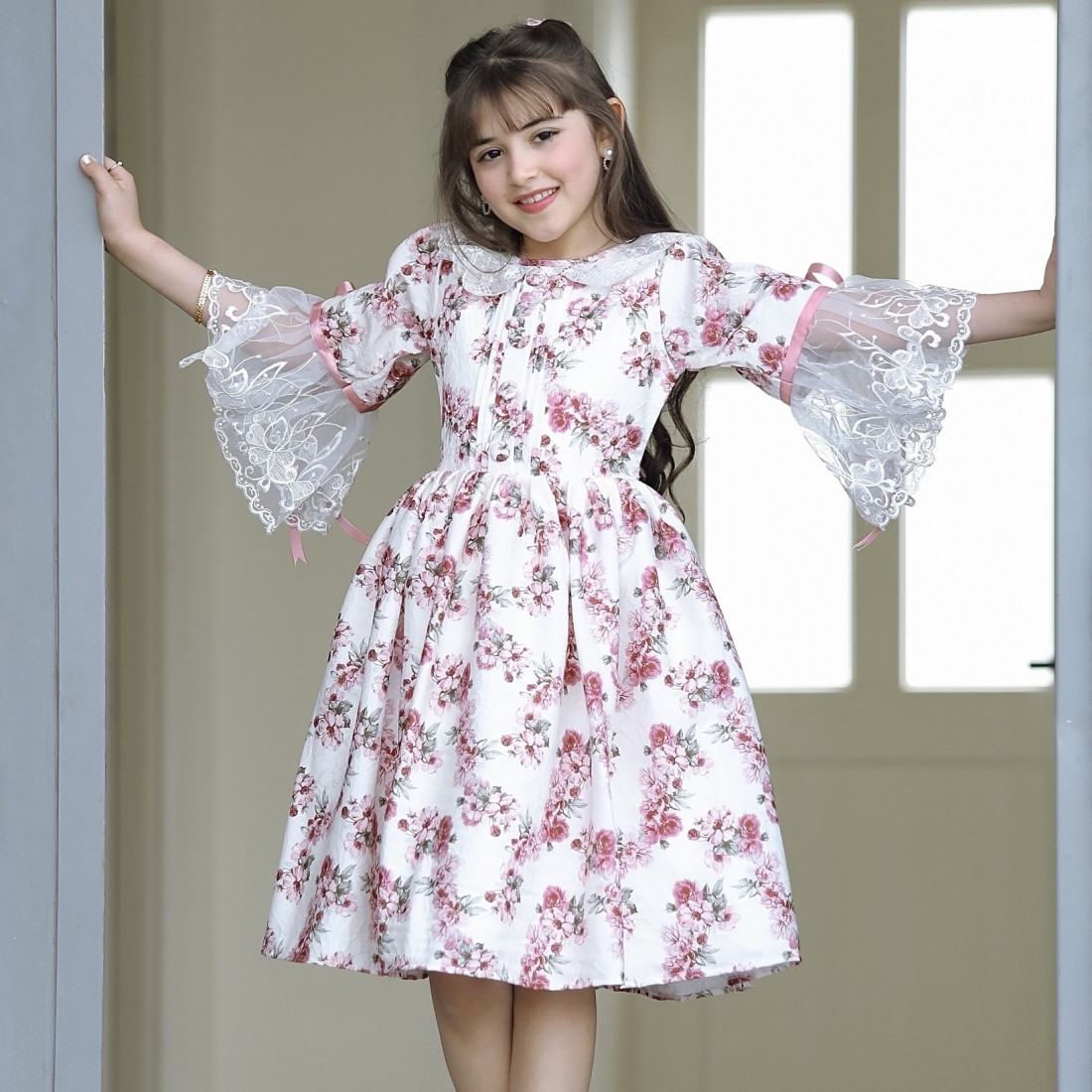 فستان بناتي بنقشات ورود - 903