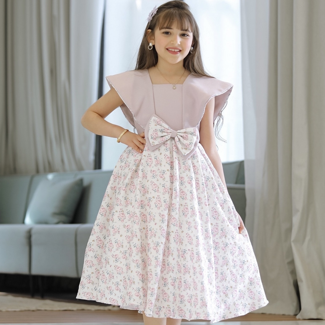 فستان بناتي سبور بفيونكه على الخصر - 902