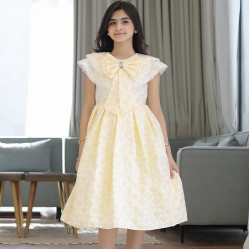 فستان بناتي الاصفر بفيونكه وحزام انيق - 901