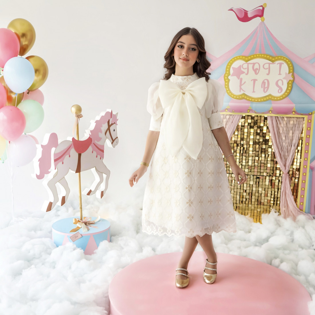 فستان بناتي نقشة مورد بفيونكة | تصميم فاخر للمناسبات - 1015