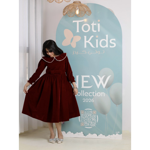 فستان بناتي مخمل عنابي بياقة لؤلؤ | فستان شتوي كلاسيكي - 1103
