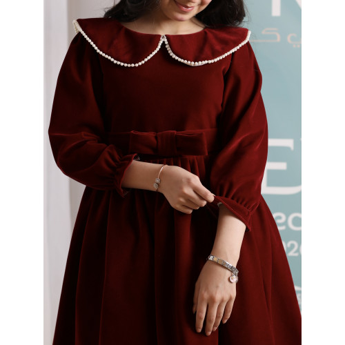 فستان بناتي مخمل عنابي بياقة لؤلؤ | فستان شتوي كلاسيكي - 1103