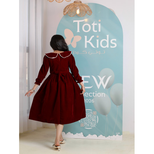 فستان بناتي مخمل عنابي بياقة لؤلؤ | فستان شتوي كلاسيكي - 1103