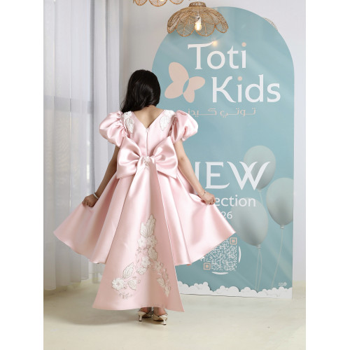 فستان بناتي وردي ميكادو بتطريز وفيونكة ضخمة | فستان هاي لو فاخر - M3763