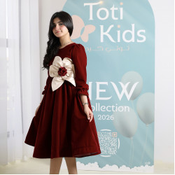 فستان بناتي مخمل عنابي بفيونكة كبيرة | فستان شتوي فاخر - 1104 فستان بناتي مخمل عنابي بفيونكة كبيرة | فستان شتوي فاخر - 1104