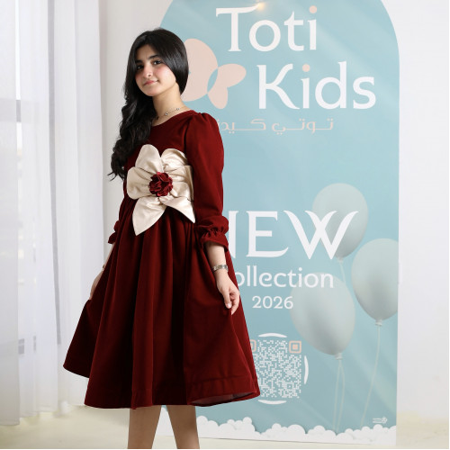 فستان بناتي مخمل عنابي بفيونكة كبيرة | فستان شتوي فاخر - 1104