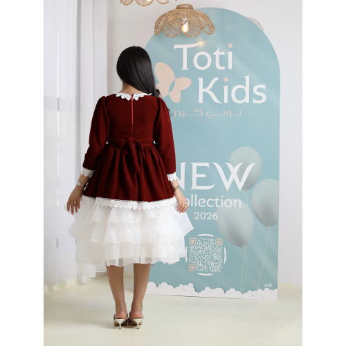 فستان بناتي مخمل بياقة دانتيل | فستان شتوي بطبقات تل - 1106 فستان بناتي مخمل بياقة دانتيل | فستان شتوي بطبقات تل - 1106