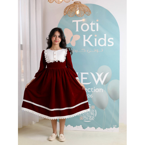 فستان بناتي مخمل بياقة مطرزة ودانتيل | فستان شتوي كلاسيكي - 1109