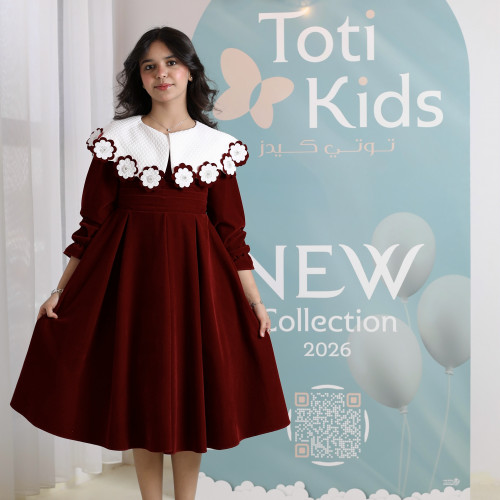 فستان بناتي مخمل بياقة الزهور | فستان شتوي كلاسيكي - 1107