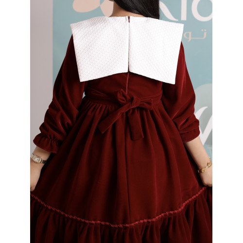 فستان بناتي مخمل بياقة بيضاء وكشكشة | فستان شتوي كلاسيكي - 1108