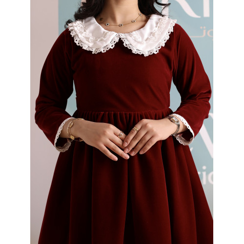 فستان بناتي مخمل بياقة ودانتيل | فستان شتوي كلاسيكي - 1110