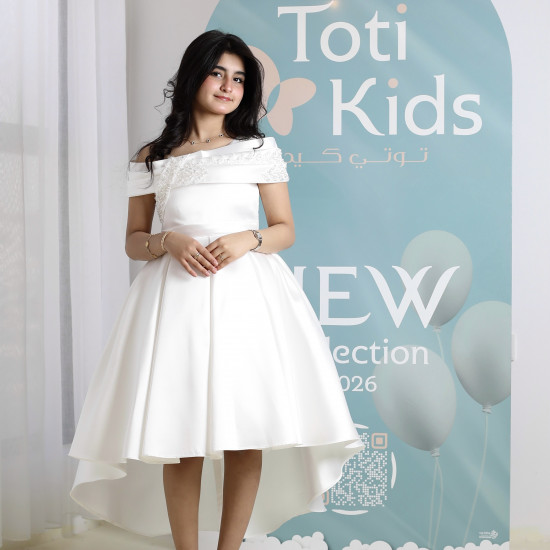 فستان بناتي أبيض أوف شولدر | فستان هاي لو للأفراح - M3750
