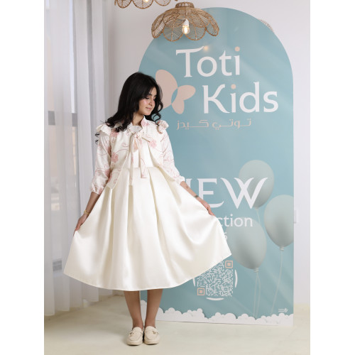 طقم فستان بناتي مع جاكيت بوليرو | تصميم مورد وربطة عنق - 1045