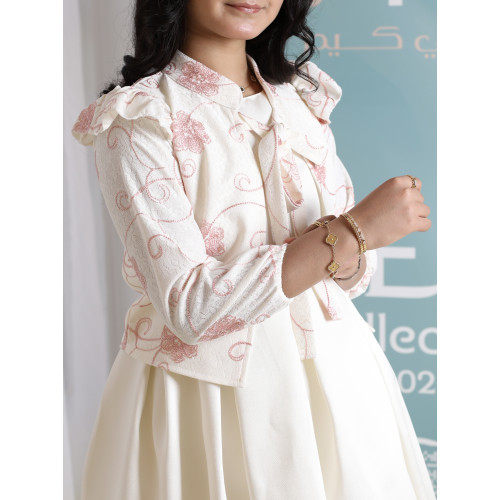 طقم فستان بناتي مع جاكيت بوليرو | تصميم مورد وربطة عنق - 1045