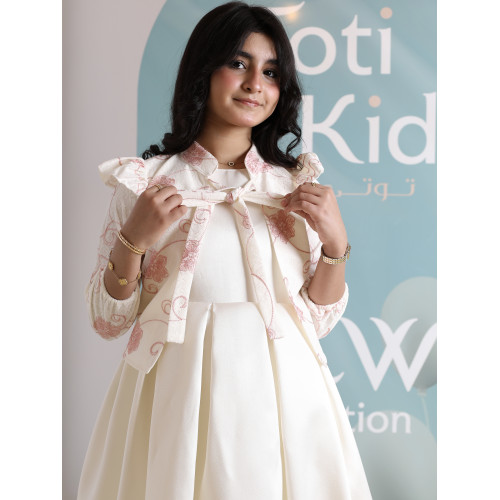 طقم فستان بناتي مع جاكيت بوليرو | تصميم مورد وربطة عنق - 1045