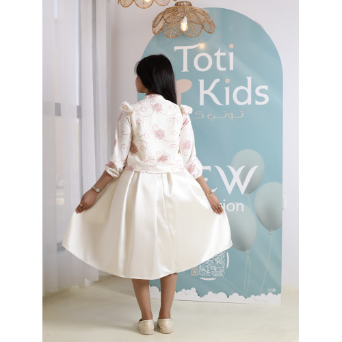 طقم فستان بناتي مع جاكيت بوليرو | تصميم مورد وربطة عنق - 1045