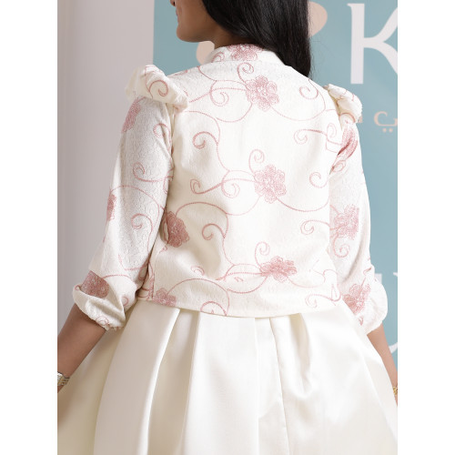 طقم فستان بناتي مع جاكيت بوليرو | تصميم مورد وربطة عنق - 1045