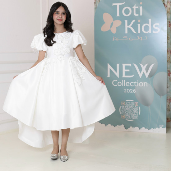 فستان بناتي أبيض بأكمام منفوشة وتطريز | فستان هاي لو فاخر - M3765