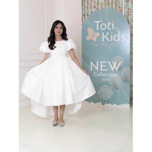 فستان بناتي أبيض بأكمام منفوشة وتطريز | فستان هاي لو فاخر - M3765