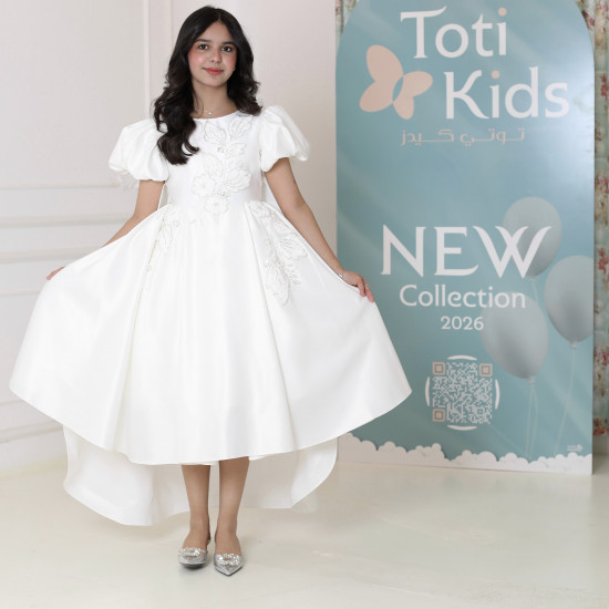 فستان بناتي أبيض بأكمام منفوشة وتطريز | فستان هاي لو فاخر - M3765