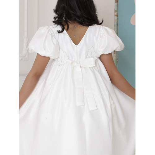 فستان بناتي أبيض بأكمام منفوشة وتطريز | فستان هاي لو فاخر - M3765