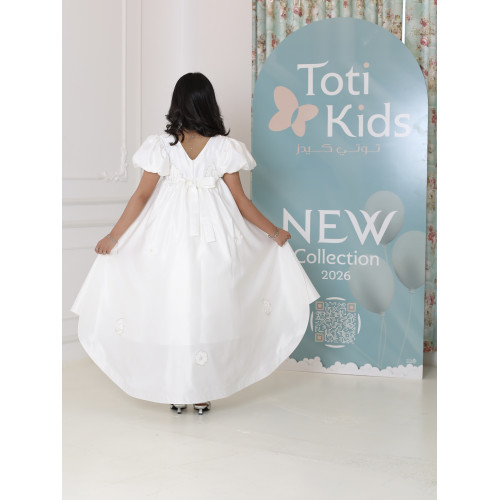 فستان بناتي أبيض بأكمام منفوشة وتطريز | فستان هاي لو فاخر - M3765