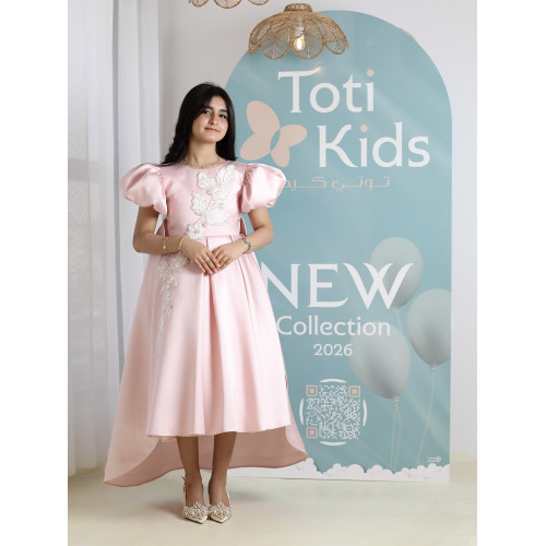 فستان بناتي وردي بأكمام منفوشة وتطريز | فستان هاي لو فاخر - M3765
