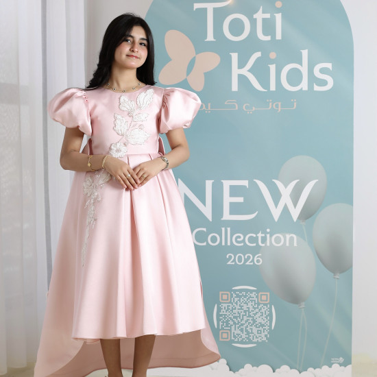 فستان بناتي وردي بأكمام منفوشة وتطريز | فستان هاي لو فاخر - M3765
