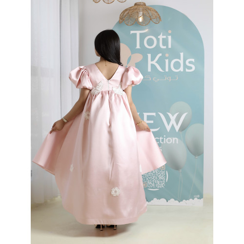 فستان بناتي وردي بأكمام منفوشة وتطريز | فستان هاي لو فاخر - M3765