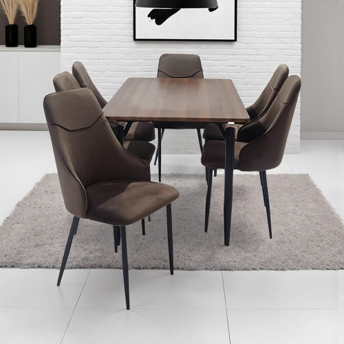 طاولة طعام خشب مع أرجل معدنية 6 كرسي بني