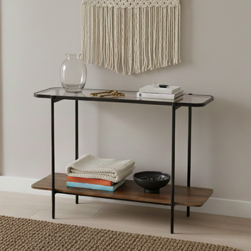 مدخل استقبال خشب مع سطح زجاجي بني