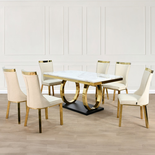 طاولة طعام رخام مع قاعدة معدنية 6 كرسي