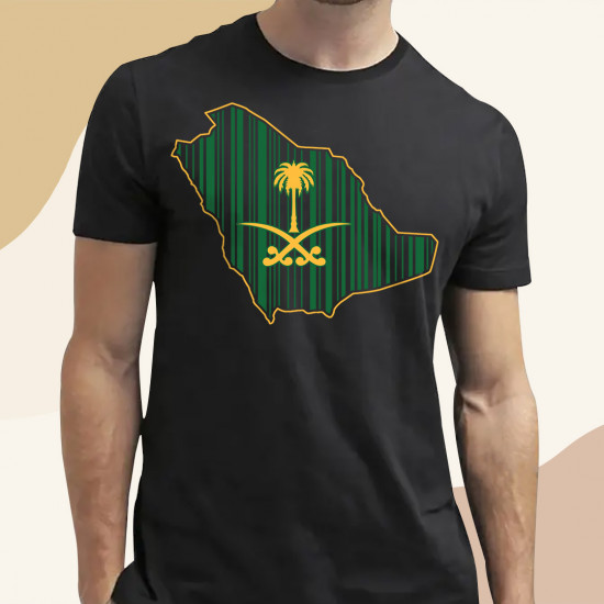 تيشيرت باركود خريطة السعودية شعار ذهبي