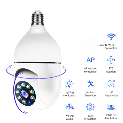 كاميرا واي فاي لاسلكية 360 درجة بقاعدة لمبة E27 مزودة برؤية ليلية كاميرا واي فاي لاسلكية 360 درجة بقاعدة لمبة E27 مزودة برؤية ليلية