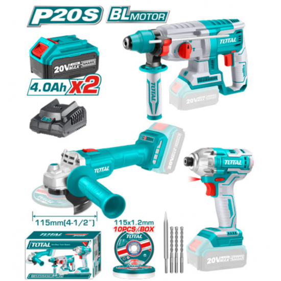 مجموعة دريل هلتي مع صاروخ مع دريل شد على بطارية واحجار قص وريش 20V 3-IN-1 توتال مجموعة دريل هلتي مع صاروخ مع دريل شد على بطارية واحجار قص وريش 20V 3-IN-1 توتال
