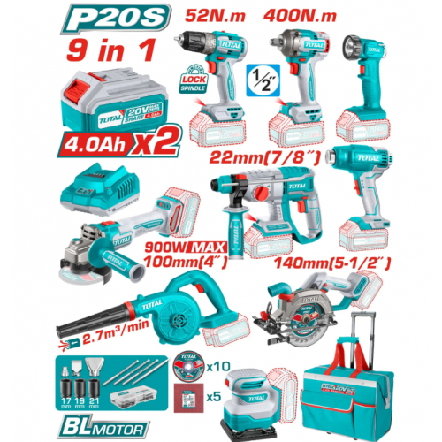 مجموعة عدة بطارية مع شنطة تورلي 20V 9-IN-1 توتال