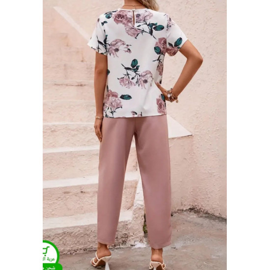 طقم بلوزه وبنطلون طباعة الأزهار مع حزام بالون الوردي طقم بلوزه وبنطلون طباعة الأزهار مع حزام بالون الوردي