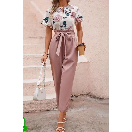 طقم بلوزه وبنطلون طباعة الأزهار مع حزام بالون الوردي طقم بلوزه وبنطلون طباعة الأزهار مع حزام بالون الوردي