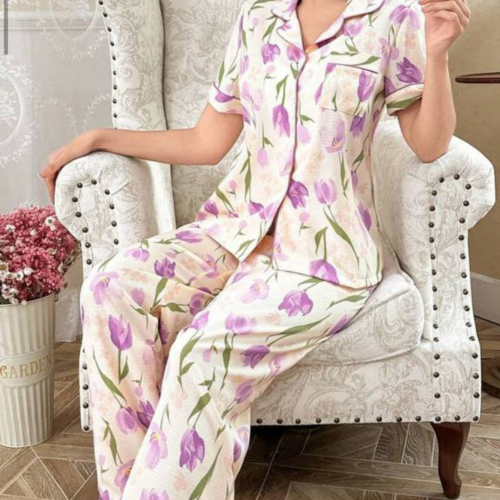 بكج طقم بجامة مطبوعة بنقوش الزهور بأكمام قصيرة 