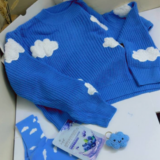 بكج اناقة الشتاء بلوفر الغيمة بالون لازرق الشتوي بأكمام طويلة بكج اناقة الشتاء بلوفر الغيمة بالون لازرق الشتوي بأكمام طويلة