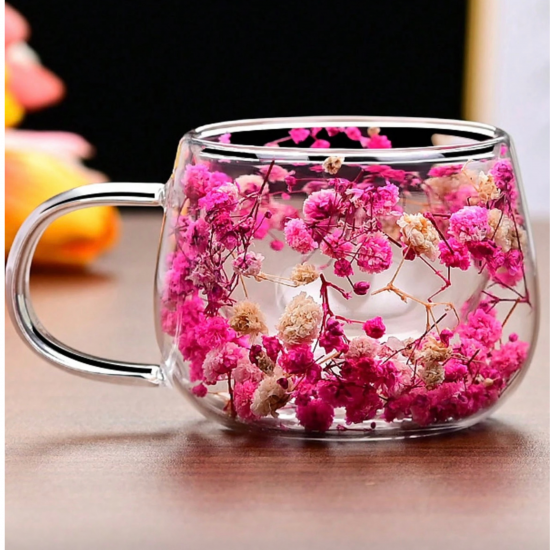 كوب مزدوج الجدار حراري سعة 200مل كوب زهور مجففة، كوب قهوة