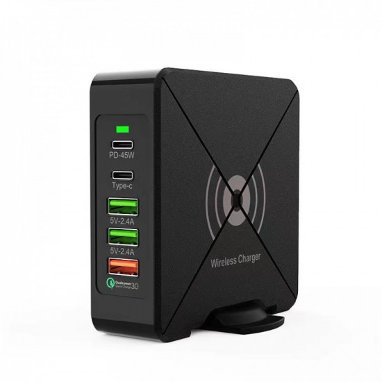 محول طاقة بمخارج متعددة و وشحن لاسلكي محول طاقة بمخارج متعددة و وشحن لاسلكي