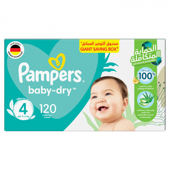 بامبرز حفاضات بيبي دراي مع لوشن الصبار، مقاس 4، 9-16 كجم، 120 حفاضة بامبرز حفاضات بيبي دراي مع لوشن الصبار، مقاس 4، 9-16 كجم، 120 حفاضة