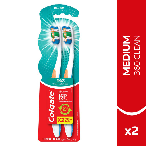 كولجيت فرشاة اسنان 360 متوسطة النعومة قطعتان كولجيت فرشاة اسنان 360 متوسطة النعومة قطعتان