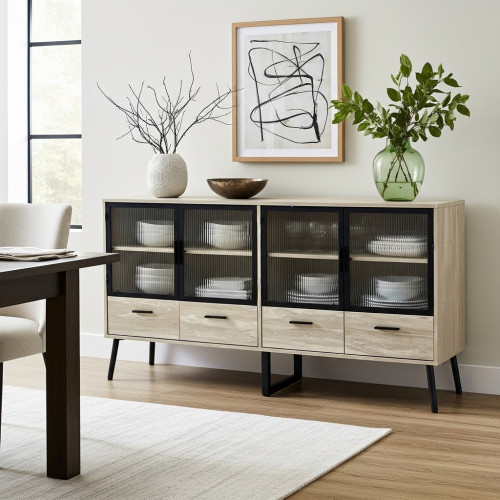 بوفيه انيق خشب بأبواب زجاجية مع أدراج تخزين بوفيه انيق خشب بأبواب زجاجية مع أدراج تخزين